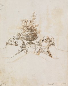 Study for a Painted Wall Decoration: Two Putti beside a Vase with Flowers by Antonio di Dominici